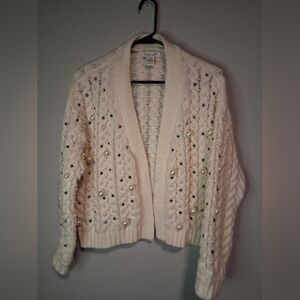 Rachel Zoe Cream Cable Knit Pearl Embellished Holiday Cardigan Sweater One Size